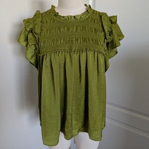 Rose & Olive Green Flutter Sleeve Smocked Blouse